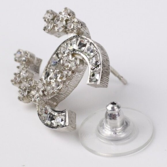 #52 - CHANEL B19V Coco Mark Rhinestone Earrings, Silver Color - Authentic - Picture 4 of 15